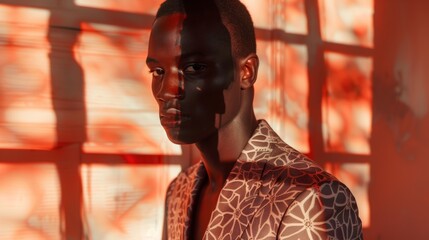 intense portrait of a black man in patterned fashion with contrasting shadows