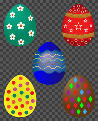 Set of multi-colored Easter eggs. There are different designs painted on the eggs. Vector illustration EPS10.