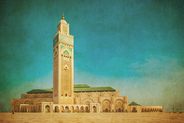 Vintage image of Hassan II Mosque, Casablanca. Morocco..