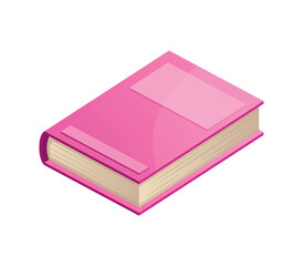Sticker image of a book. The illustration shows a pink book decorated with a bright and whimsical cartoon design that combines creativity with practicality. Vector illustration.