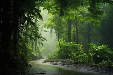 Serene forest stream surrounded by vibrant green foliage