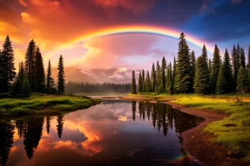 Foto op Canvas Vibrant rainbow arcing over a scenic landscape after a rain shower © KerXing