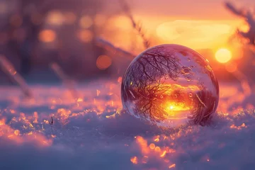 Cercles muraux Couleur saumon Crystal ball in the snow with sunset in the background,  Beautiful winter landscape