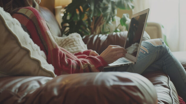 Home Office: Woman Relaxing with Laptop on Couch
