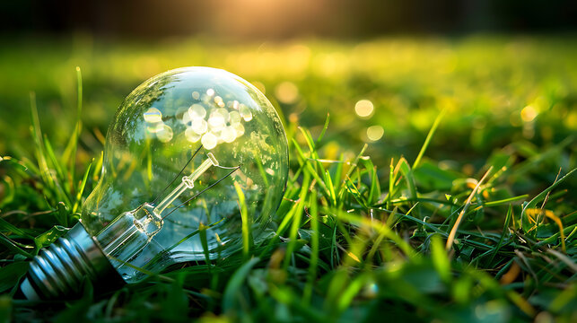 Glowing light bulb on green grass background with bokeh effect