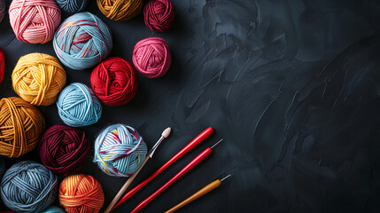 Colorful yarn balls, knitting needles and pencils on black background