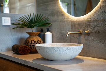 Fototapeta na wymiar An organic modern bathroom sink with rustic style wooden counter and a mirror above it