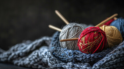 Woolen yarn and knitting needles on dark background with copy space