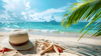 Tropical Beach with Sunbathing Accessories - obrazy, fototapety, plakaty