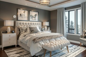 A beautifully appointed bedroom offers a tranquil retreat, complete with plush bedding, elegant artwork, and a serene color palette, reflecting sophisticated comfort