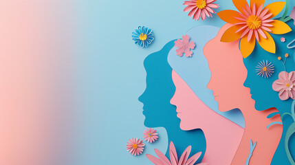 Paper art background for Mother's Day with women silhouettes and flowers on blue, pink or orange pastel colored paper cut in the style of. World Women day banner template design concept