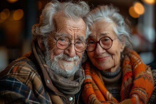 An intimate image of a senior couple enjoying each other's company quietly in a cozy café setting (Due to the instruction, no description of the blurred face is provided)