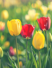 Beautiful red and yellow tulips in a spring garden.
