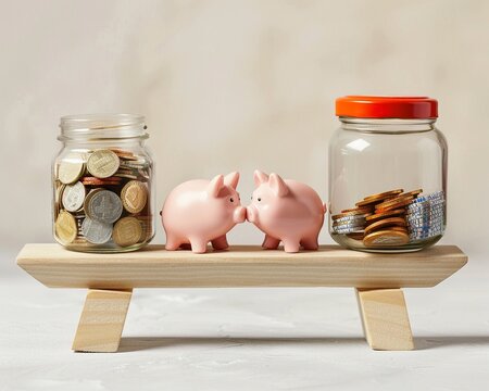 Piggybank on a balance scale with debt and savings jars, visual metaphor for financial management, neutral background, detailed shot, planning ahead cinematic