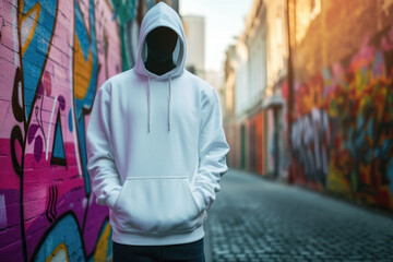 Mannequin dressed in a casual white hoodie mockup template against an urban graffiti street...