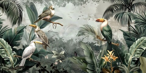 Obraz premium wallpaper jungle and leaves tropical forest birds old drawing vintage