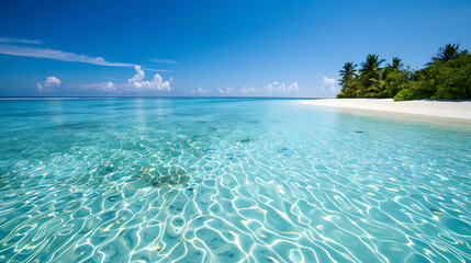 Beautiful beach at Maldives with few palm trees and blue lagoon - obrazy, fototapety, plakaty