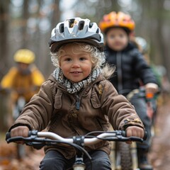 Obraz premium A toddler with a safety helmet rides a bike followed by friends on a forest trail, depicting adventure and early childhood