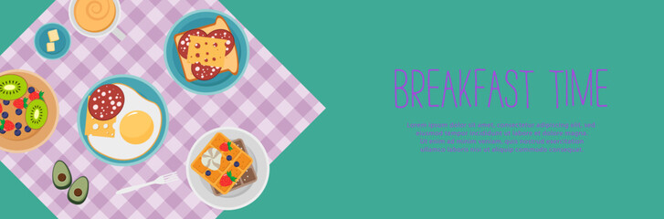 Breakfast set with fruits bacon and eggs, parsley, toast with sausage and cheese. Breakfast concept with fresh food, top view. Meal Time. Vector illustration in flat design,