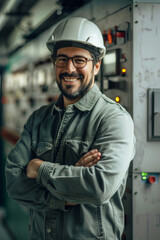 Happy Engineering Technician in Control Room, Copy Space
