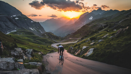 Naklejka na ściany i meble racing bicyclist racing cyclist on a mountain road beautiful view sunset 
