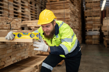 Caucasian businessman checking and use precision level to wood timber at warehouse  - 763416543