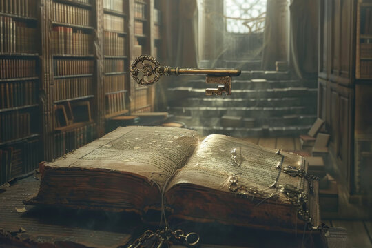 Ancient key floating above magic book in libray, unlock secret spells and key of wisdom concept.
