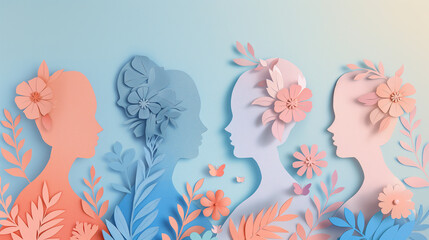 Paper art background for Mother's Day with women silhouettes and flowers on blue, pink or orange pastel colored paper cut in the style of. World Women day banner template design concept