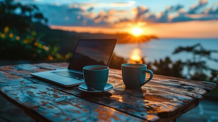 Coffee cups and laptops on a rustic table, brainstorming session at sunrise