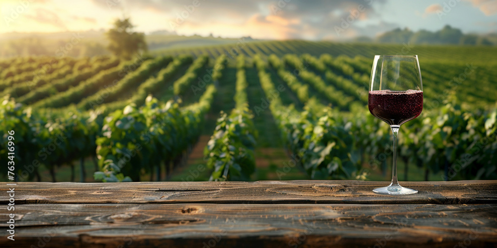 Wall mural Wood table top with a glass of red wine on blurred vineyard landscape background