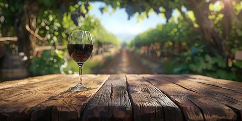 Foto op Plexiglas Wood table top with a glass of red wine on blurred vineyard landscape background © Ricardo Costa