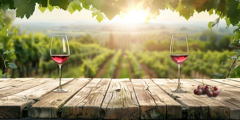 Foto op Plexiglas Wood table top with a glass of red wine on blurred vineyard landscape background © Ricardo Costa