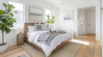 A Scandinavian-style bedroom, minimalistic design of a bedroom with a large bed.