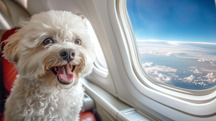 Happy Bichon Frise sitting near the window on the airplane