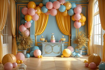 yellow with golden curtain birthday stage with frames and balloons