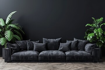 Black interior modern classic. A large black sofa, a sofa in expensive fabric, a green houseplant. Black dark room.