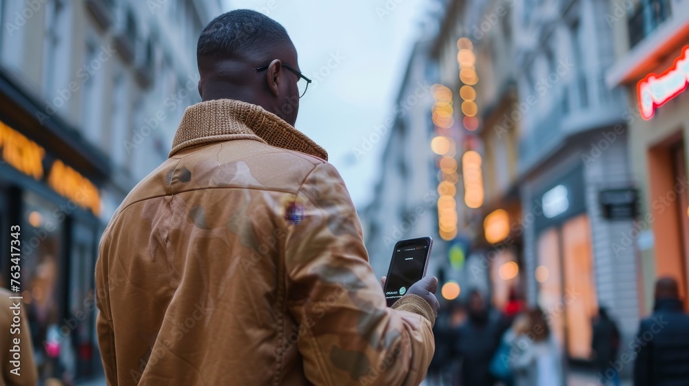 Aufkleber Man using and texting on his smart phone mobile for service 5g digital communication