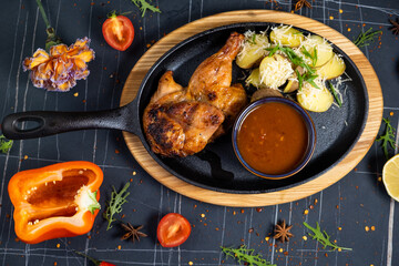 Half of a roasted chicken, on a black plate with herbs and tomatoes, on a dark concrete