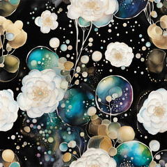 White roses and abstract bubbles float against a dark background - 763417345
