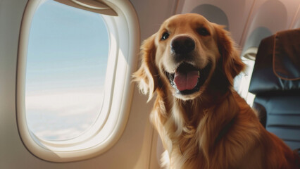 Happy Golden Retriever sitting near the window on the airplane