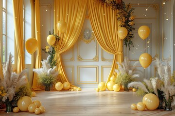 yellow with golden curtain birthday stage with frames and balloons