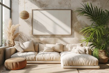 Blank horizontal poster frame mock up in style living room interior, modern living room interior background, beige sofa and pampas grass