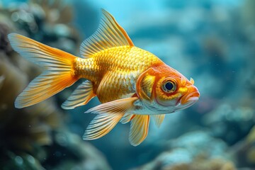 A vivid image showcasing a golden fish with delicate fins, captured in motion in a clear blue aquatic environment