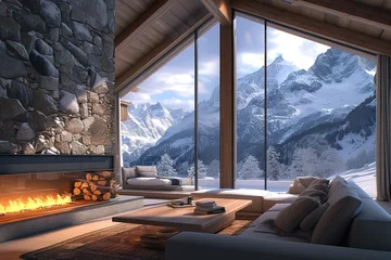Fototapeten Cheminée dans l'intérieur d'un chalet de luxe en hiver avec vue sur la montagne et la neige. © interior
