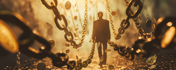 A conceptual image featuring the silhouette of a person, chains, and a storm of Bitcoins, possibly representing the volatility of cryptocurrency markets - obrazy, fototapety, plakaty