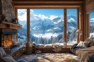 Cheminée dans l'intérieur d'un chalet de luxe en hiver avec vue sur la montagne et la neige.