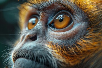 An intimate portrayal of a primate's face focused on its captivating golden eyes and detailed fur texture