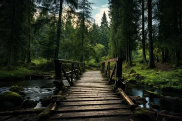 Schilderijen op glas Serene forest sky background with a wooden bridge over a stream © KerXing