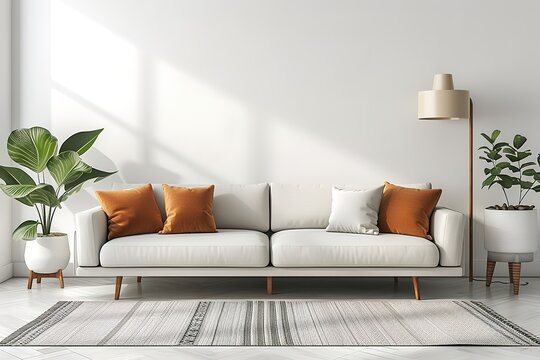 Bright and cozy modern living room interior have sofa and lamp with white wall background.