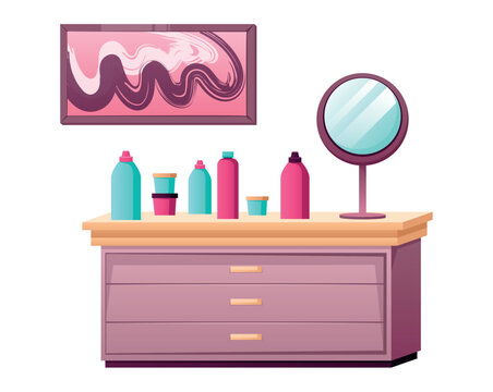 Image of Beauty salon furniture. This illustration features a chest of drawers and care products in a bright and colorful style that showcases sophisticated design. Vector illustration.